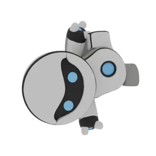 Render de modelo 3D de un robot compañero futurista con cuerpo blanco y negro, ojos azules brillantes y rasgos redondeados, s