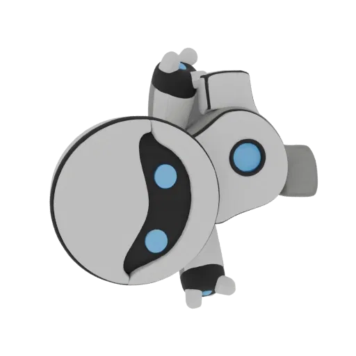 3D model render of a futuristic robot companion with a white and black body, blue glowing eyes, and rounded features, against