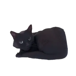 3D model of a black cat curled up, resting peacefully, with its head turned towards the viewer.