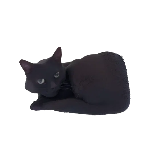 3D model of a black cat curled up, resting peacefully, with its head turned towards the viewer.