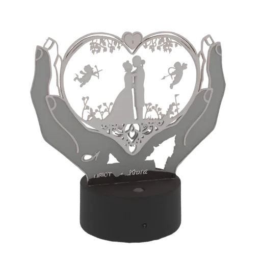 3D model of a wedding couple inside a heart held by hands, with a light-up base.