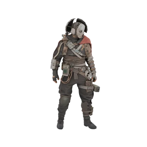 3D model of a post-apocalyptic scavenger wearing a mask and survival gear, standing against a black background.