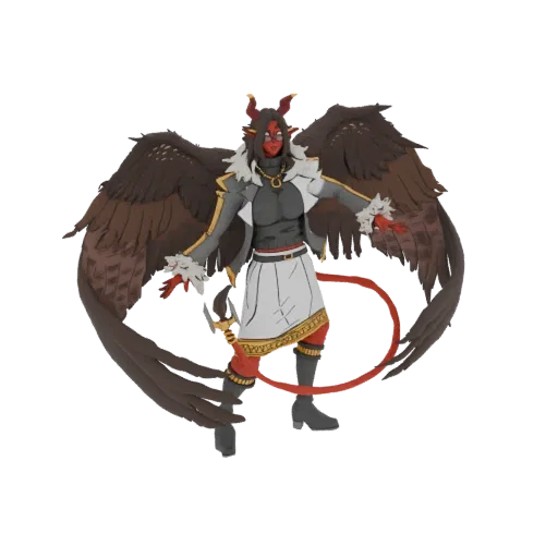 3D model of a crimson tiefling bard with large brown eagle wings, wearing a white skirt and dark tunic, with a red tail.