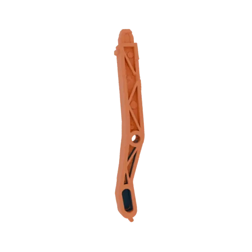 3D model of an orange plastic curved lever with triangular bracing and a central hole, isolated on a white background.