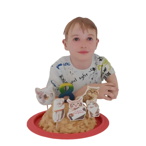 A 3D render of a birthday cake with a red plate, topped with cat figurines and a colorful number 8 candle.
