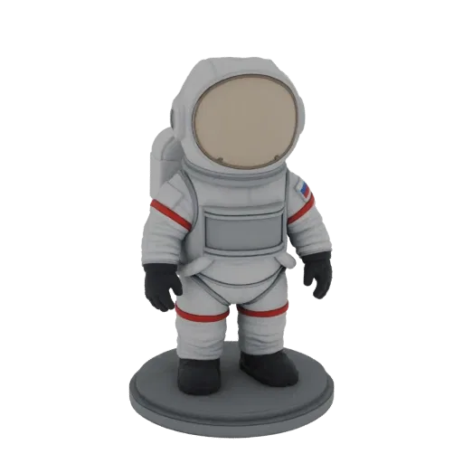 3D model of a stylized astronaut figurine with a white spacesuit, red accents, and a Russian flag emblem on a grey base.