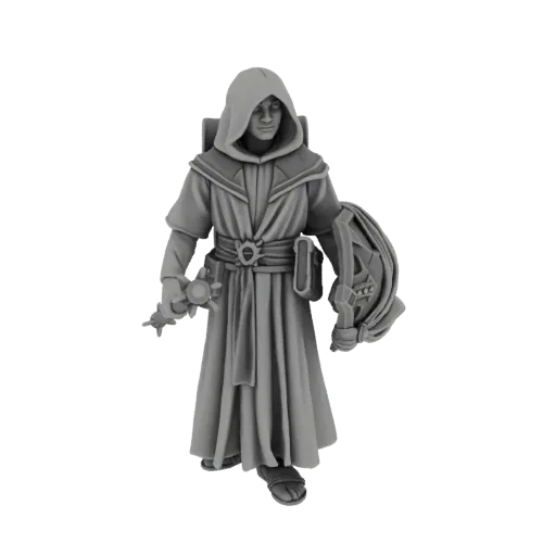 3D model of a fantasy wizard wearing a hooded robe, holding a shield and a staff with a glowing orb.