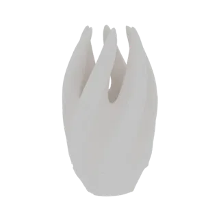 Un rendu 3D d'un vase blanc abstrait en forme de flamme stylisée, avec des sections courbes ressemblant à des pétales s'éleva