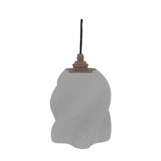 3D model of a pendant light with a gray twisted swirl shade and a tan cap, hanging from a black cord.