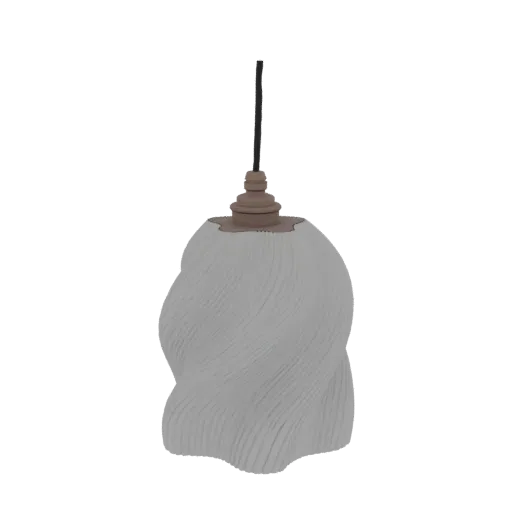 3D-Modell einer Pendelleuchte mit grauem Wirbel-Schirm und beiger Kappe, hängend an einem schwarzen Kabel.