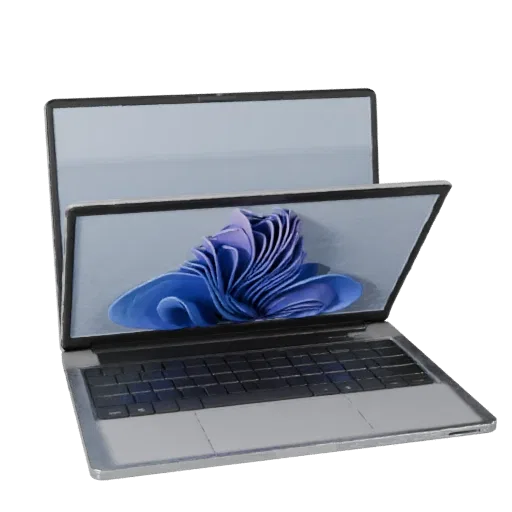 Ultrabook Portable Workstation 3D model, three-quarter front view, Unity viewport, showing brushed metal, form detail.