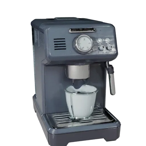 Retro Coffee Machine Stylized 3D model, dining room, stylized isometric render, plastic detail.