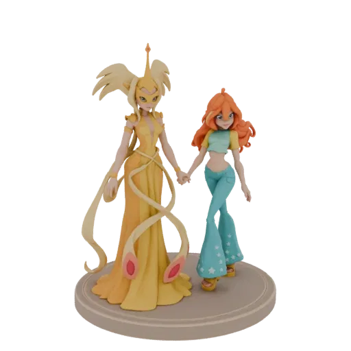 3D model of Winx Club characters Bloom and Daphne standing side-by-side and holding hands on a circular base.