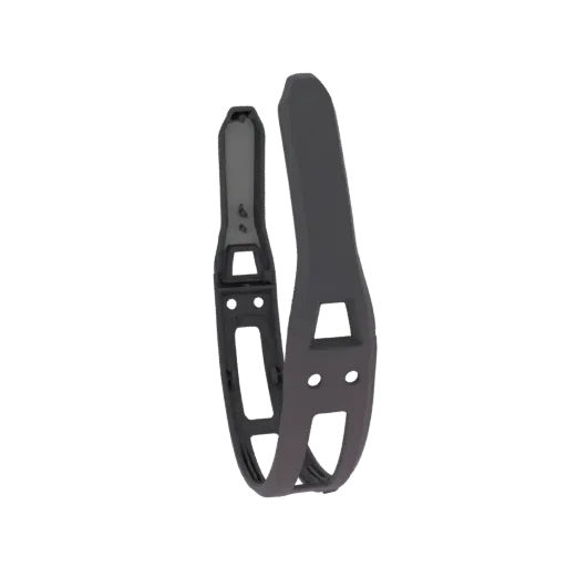 3D model of a dark gray, futuristic smartwatch band with an open, segmented design, presented against a white background.
