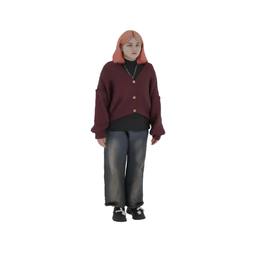 3D model of a young woman with pink hair, wearing a maroon cardigan and blue jeans, standing against a white background.