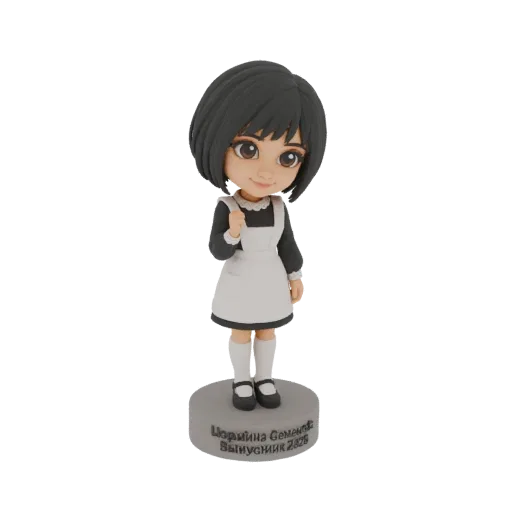 3D model of a schoolgirl bobblehead with black hair, wearing a school uniform and standing on a personalized base.