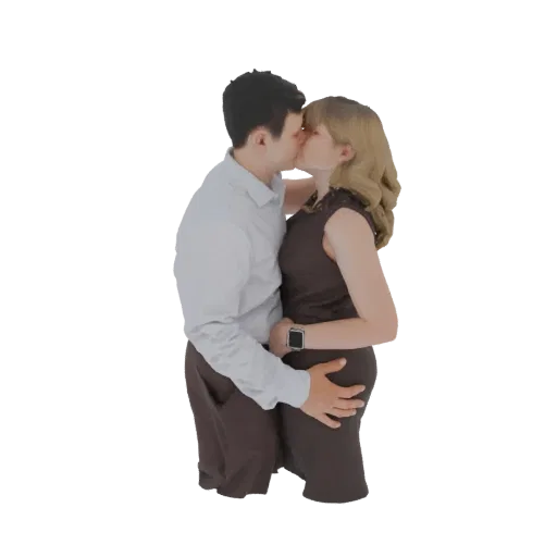 Modèle 3D d'un homme et d'une femme s'embrassant, l'homme ayant son bras autour de la taille de la femme et sa main sur la po