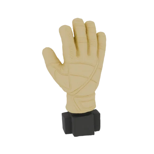 3D model render of a tan goalkeeper glove trophy with a black cubic base, isolated on a white background.