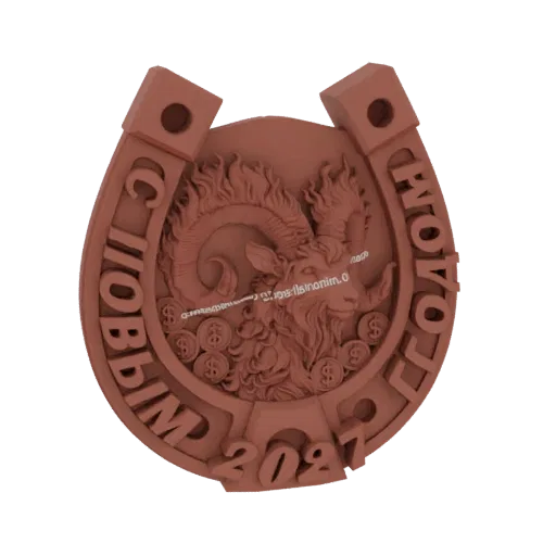 3D model of a lucky horseshoe with a ram, coins, and the year 2021, rendered in a terracotta-like material.