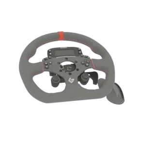 A 3D render of a grey sim racing steering wheel with a central display and red stitching, viewed from a slight angle.