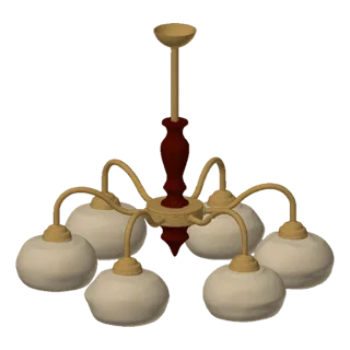 3D model of an ornate chandelier with a dark red and gold frame and five cream glass shades, set against a black background.