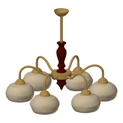 3D model of an ornate chandelier with a dark red and gold frame and five cream glass shades, set against a black background.