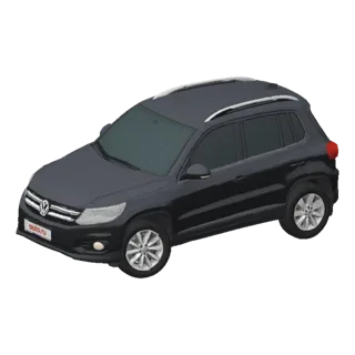 Ein 3D-Render eines dunkelgrauen VW Tiguan SUV vor schwarzem Hintergrund.