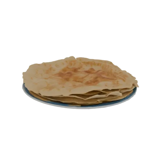 3D model of a stack of golden-brown flatbreads on a blue plate, viewed from a slight angle.