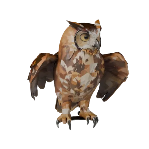 Low Poly Great Horned Owl 3D-Modell, Gameplay-Kamera-Seitenansicht, Low-Poly-Tier-Asset mit Federrichtung, Flügelklapplogik,