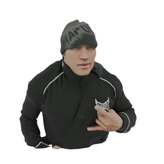3D-Modell eines MMA-Kämpfers in schwarzem Gi und schwarzer Beanie, mit entschlossenem Gesichtsausdruck und einer Handgeste.