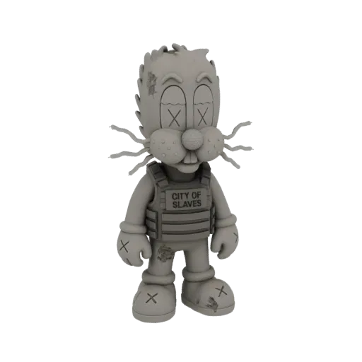 3D model of a grey, worn bunny soldier character wearing a tactical vest with 'City of Slaves' text, against a black backgrou
