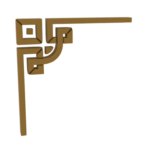3D model of an ornate corner bracket with intricate geometric patterns and a bronze finish, isolated on a white background.