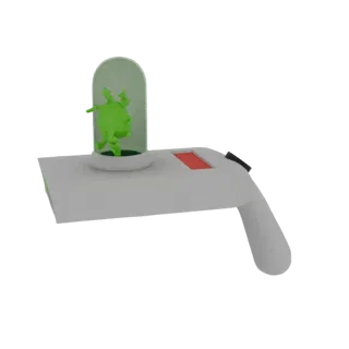 3D-Modell der Rick und Morty Portal Gun mit einem grünen Alien in einer Glasröhre, vor weißem Hintergrund.