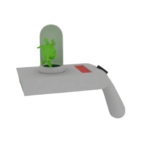 3D model of the Rick and Morty portal gun with a green alien inside a glass containment tube, set against a white background.