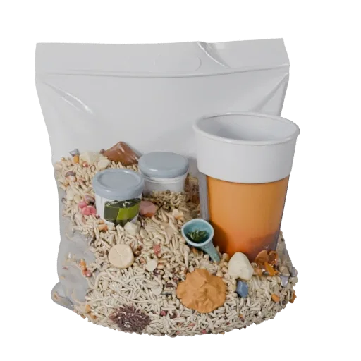 Spice Rice Sack 3D model, three-quarter front view, Unity viewport, showing powders, small ingredient shapes.