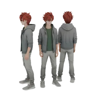 Modelo 3D de chico anime con cabello rojo, vistiendo sudadera gris, camiseta verde y jeans claros, mostrado desde vistas fron