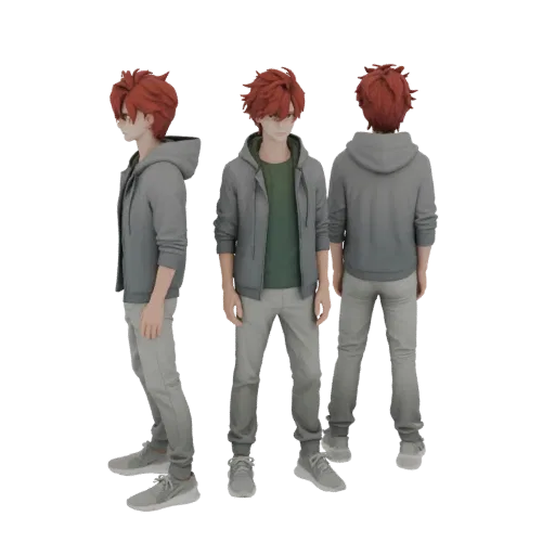 Modello 3D di ragazzo anime con capelli rossi, che indossa felpa grigia, t-shirt verde e jeans grigio chiaro, mostrato da vis