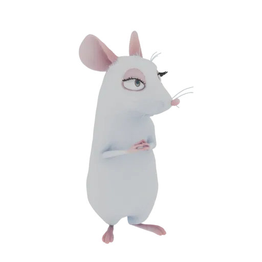 A 3D render of a stylized white mouse character with large pink ears, expressive eyes, and its paws clasped together.