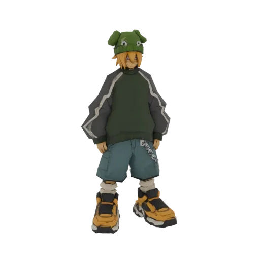 Modèle 3D d'un garçon anime portant un chapeau chien vert, un hoodie oversize, un short bleu et des baskets orange et noires,