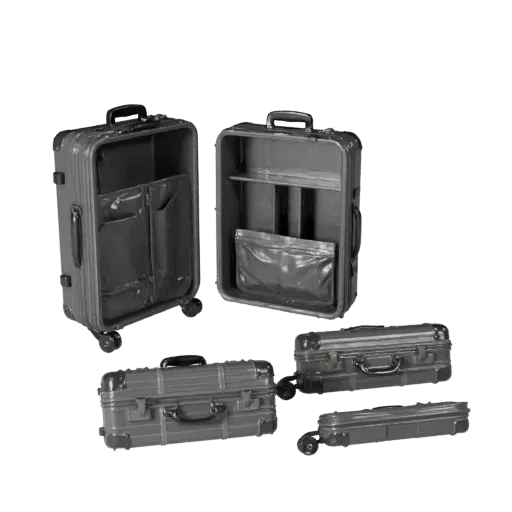 Sealed Travel Suitcase 3D model, three-quarter front view, Unreal Engine viewport, showing plastic, usable openings.