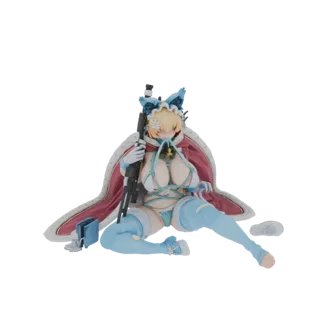 Modelo 3D de un personaje femenino de anime vestido como francotiradora de invierno, sosteniendo un rifle y usando una capa f