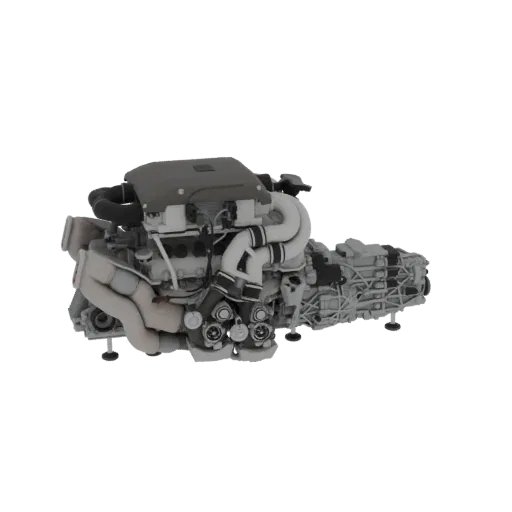 3D model of a detailed high-performance engine and transmission assembly, showcasing turbochargers, exhaust, and gearbox.
