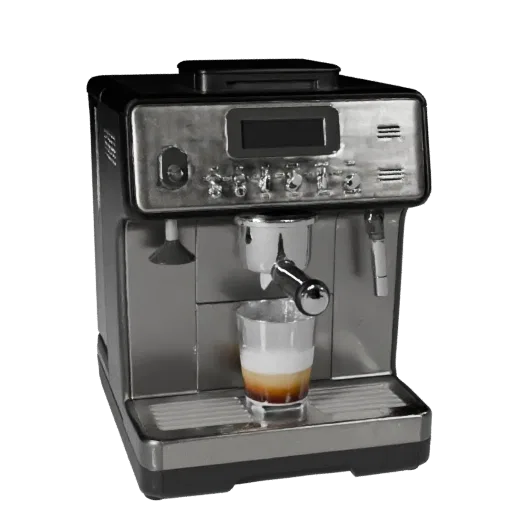 Stainless Coffee Machine Realistic 3D model, dining room, three-quarter studio render, plastic detail.