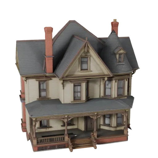Victorian House realistic 3D model, three-quarter exterior view, showing residential building materials and architectural detail