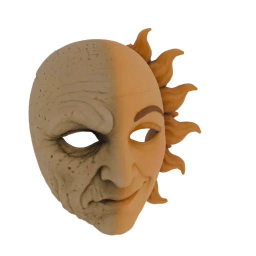 Modèle 3D d'un masque divisé en deux, un côté montrant un visage de vieil homme buriné, l'autre un visage radieux semblable a