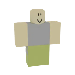 Modelo 3D del personaje clásico Noob de Roblox, con cuerpo 'blocky', camisa gris, pantalones verdes y cara sonriente.