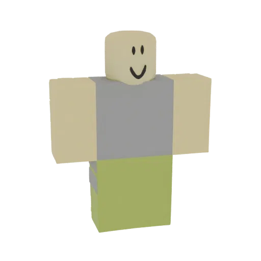 3D model of the classic Roblox Noob character, featuring a blocky body, grey shirt, green pants, and a smiley face.