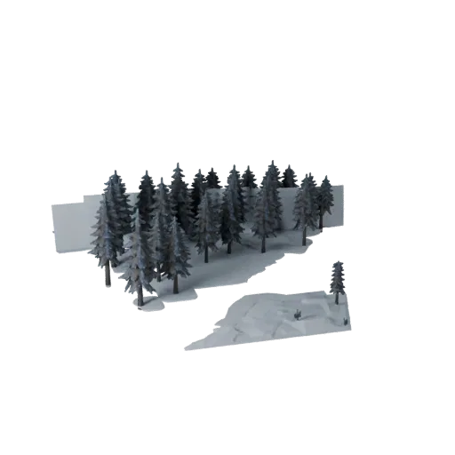 Schneetannenwald-Biom Unity 3D-Modell, isometrische Ansicht, die Geländeschichten und geschichtete Vegetationscluster zeigt.