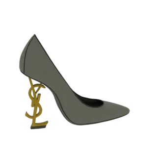 3D model of a grey Saint Laurent 'Cassandre' high heel shoe with a gold YSL logo heel.