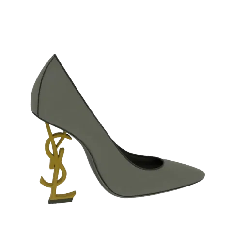 3D model of a grey Saint Laurent 'Cassandre' high heel shoe with a gold YSL logo heel.